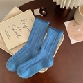 Cozy bright blue woolen socks for women with ruffle edge and thick thermal knit texture - Blue