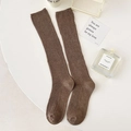 Deep brown ribbed knit knee-high socks for women in soft cotton fabric with striped texture - One Size / Coffee