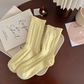 Pale yellow ribbed wool socks for women with ruffled cuffs and thermal texture - Yellow