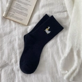 Thick black knitted socks with cute white goose embroidery on a cozy white fabric - Black (Goose Embroidery)