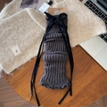 Dark grey knitted leg warmers with vertical stripes and black ribbon lace-up design - One Size / Dark Gray