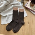 Deep brown and khaki color block wool socks with rib knit texture for men's winter warmth - One Size / Coffee