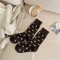 Dark brown wool mid-calf socks featuring white heart patterns and ribbed cuffs - One Size / Coffee