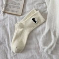 Cozy cream plush socks with black cat embroidery on white fabric background - White (Black Cat Embroidery)
