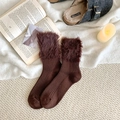 Dark brown mink velvet patchwork knitted mid-calf socks with thick faux fur trim for winter - One Size / Dark Coffee
