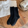 Women's black crew socks with classic cable knit patterns in cozy wool blend material - One Size / Black