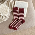 Thick warm wool blend crew socks with red and white stripes for women in winter - One Size / Red
