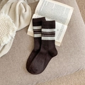 Classic dark coffee wool socks with white horizontal stripes in retro preppy style - One Size / Dark Coffee
