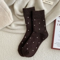 Thick dark coffee wool socks with white polka dots in a cozy autumn setting - Dark Coffee