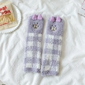 Calze in pile corallo a scacchi viola con orecchie 3D e suola antiscivolo - Taglia unica / Stile Alpaca a Quadri Viola