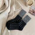 Calze di lana accoglienti con pois neri e polsini grigi a coste per l'autunno inverno - Taglia unica / Nero