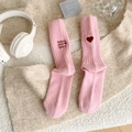 Pink mid-calf knit socks featuring heart and letter embroidery for a sweet look - One Size / Pink