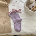Purple wool knit socks with pink bow tie accent and vertical rib texture for winter - One Size / Purple