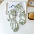 Cute green striped coral fleece socks with 3D ears and soft thermal fluffy texture - One Size / Green