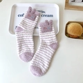 Cute lavender and white striped coral fleece socks with 3D animal ears design - One Size / Purple