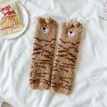 Brown coral fleece floor socks with cute bear ears and non-slip wavy stripes - One Size / Light Coffee Wavy Bear Style