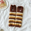 Thick warm coral fleece socks with brown stripes and cute 3D bear ears for winter - One Size / Dark Coffee Striped Bear Style