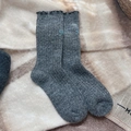 Dark gray wool blend crew socks with blue bow embroidery and ruffled lettuce edges - One Size / Dark Gray