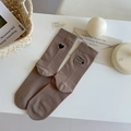 Tan mid-calf cotton socks with heart embroidery and hollow-out rib cuff detail - One Size / Coffee