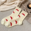 Calze invernali color crema con carini motivi a fungo in morbido pile peluche caldo - Taglia unica / Bianco