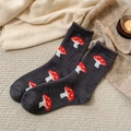 Cozy dark grey thermal fuzzy socks with cute red mushroom patterns for home wear - One Size / Dark Gray