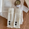 Knitted white leg warmers with cable pattern and decorative black buttons for women - White