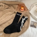 Japanese sweet black mid-tube socks with plush white bows and ribbed texture accents - One Size / Black