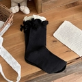 Japanese style black crew socks with white lace trim and cute bows for a Lolita aesthetic - One Size / Black