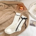 Japanese style white knit crew socks with black plush bow and elegant ribbon accents - One Size / White