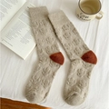 Beige wool blend crew socks with vintage floral relief and red brown heel patch - One Size / Khaki