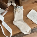 Beige and grey two-tone knit socks with frill trim and a sweet decorative bow detail - One Size / Khaki