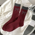 Vintage burgundy knit mid-calf socks with grey bow detail and ribbed cuffs - Wine Red with Grey Bowknot