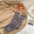 Deep grey knit mid-calf socks with plush 3D bow decoration and delicate embroidery - One Size / Gray