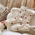Cute beige wool knit socks for women featuring puppy patterns and 3D red heart accents - Off-white