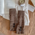 Brown knit leg warmers with vertical stripes and button details for winter style - Coffee