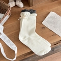 Japanese style white cotton socks with elegant ruffled cuffs and cute bow detail - One Size / Creamy White