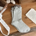 Japanese style grey knit crew socks with brown ruffle edge and sweet ribbon bow detail - One Size / Light Gray