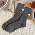 Dark grey cashmere knit crew socks with vintage distressed holes and pink logo label - One Size / Dark Gray
