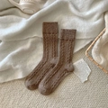 Brown knit crew socks with cable pattern on soft faux fur background for winter - One Size / Light Coffee