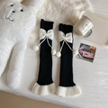 Jambières noires en tricot avec nœuds blancs et pompons doux, style Lolita mignon - Noir avec Blanc