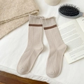 Beige lace-edge crew socks for women featuring ribbed knit texture and brown stripe detail - One Size / Khaki
