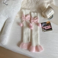 Jambières Lolita tricotées rose et blanc avec de jolis nœuds et des pompons doux - Base Blanche Noeud Rose