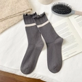 Dark grey ribbed mid-calf socks with frilly lace trim and white stripe detail - One Size / Dark Gray