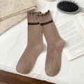 Caramel brown ribbed crew socks with ruffled edge and dark brown stripe detail - One Size / Coffee