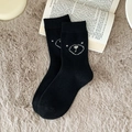 Japanese style black thermal wool socks with cute cartoon bear pattern embroidery - One Size / Black