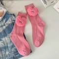 Pink knit mid-calf socks with cute plush bear head decoration in candy color style - One Size / Pink