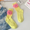 Cute yellow crew socks featuring pink plush heart charms and a comfortable ribbed knit cuff - One Size / Yellow
