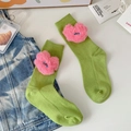 Light green knit crew socks with cute pink plush heart decoration for women - One Size / Green