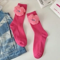 Cute hot pink ribbed mid-calf socks with heart-shaped plush doll and 3D pom-pom - One Size / Rose Red