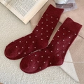 Vintage burgundy polka dot wool mid-calf socks for women, warm winter knitted style - One Size / Burgundy
